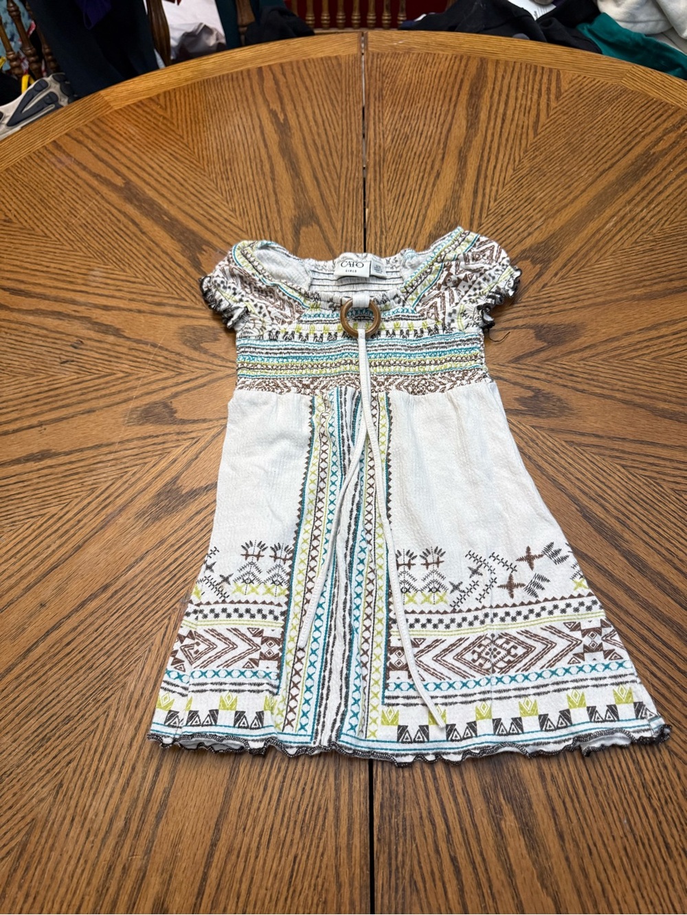 Cato White Boho Embroidered Girls Dress with Teal & Brown Accents